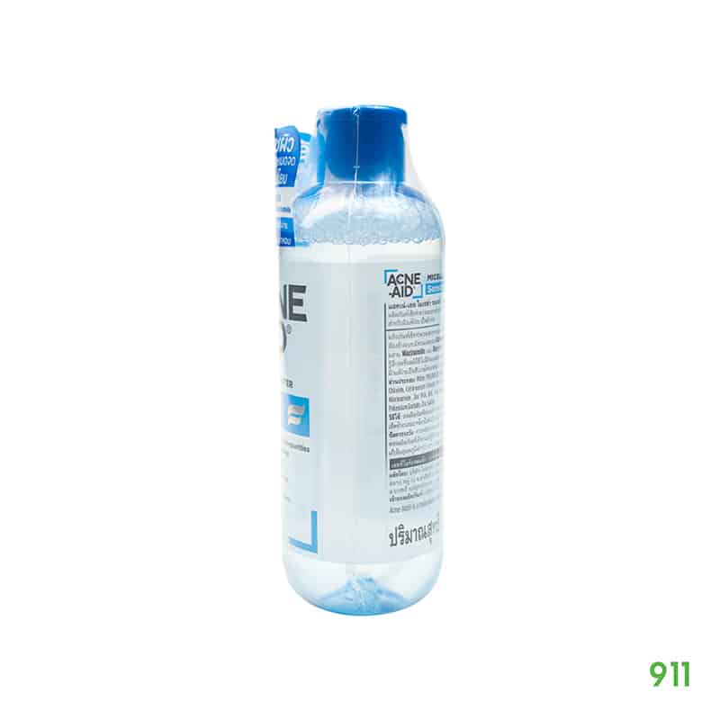 acne-aid-micellar water sensitive skin 235ml-right แอคเน่-เอด ไมเซล่า วอเตอร์ เซนซิทีฟ สกิน เช็ดเมตอัพ กันเหงื่อ กันน้ำ